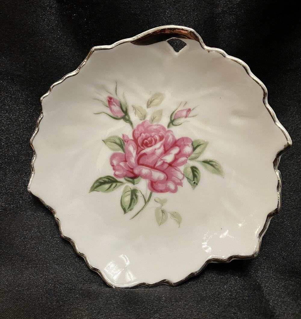 VTG Japanese Porcelain China Trinket Jewelry Wall Plate Pink Flower Silver Trim